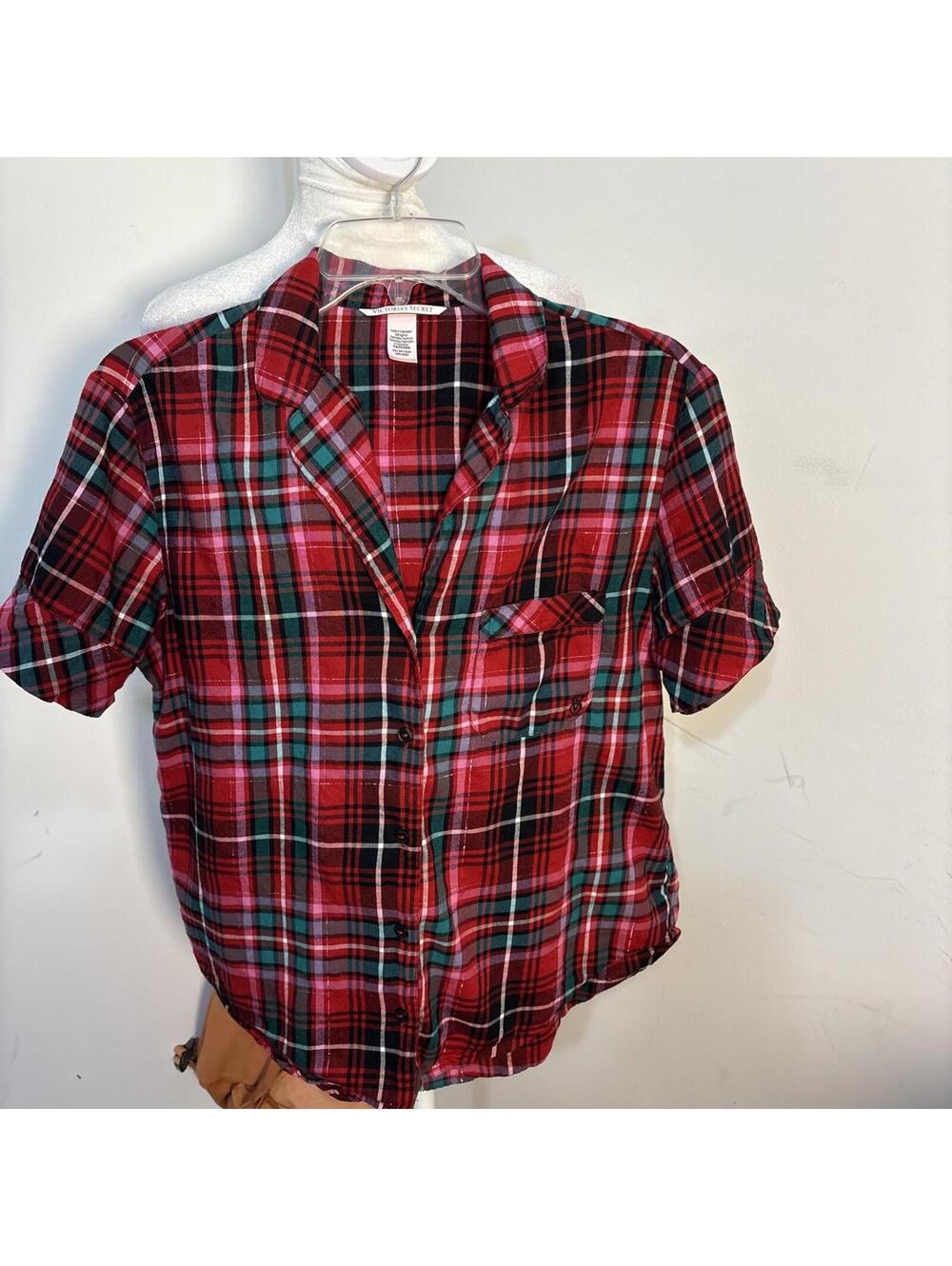 Victoria's Secret Womens Sleepwear Pajama Top Shirt Red Green Plaid‎ Glimmer XS